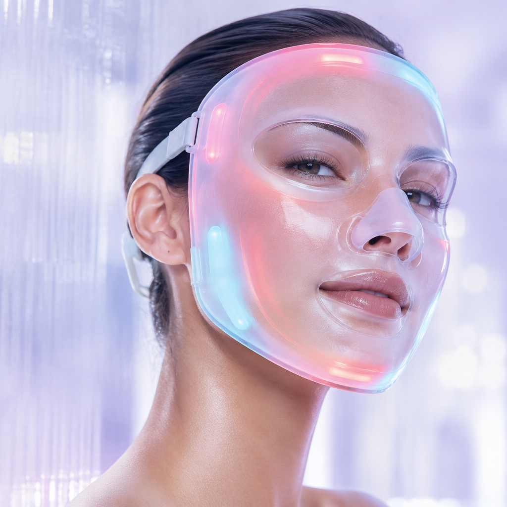 Woman wearing the translucent Glokore LED light therapy mask, glowing with soft red and cyan light