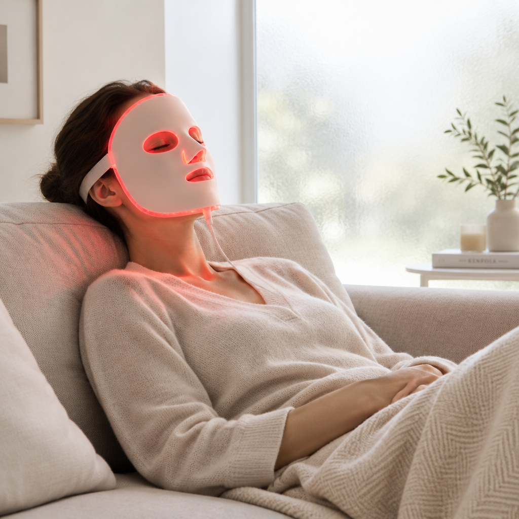 Person relaxing on a sofa at home while wearing the glowing Glokore LED mask